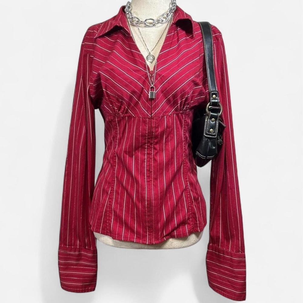 Vintage Y2K Red Striped Zip Up Long Sleeve Top Womens XL Grunge Indie